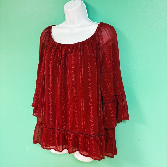 Fever Red Sheer Quarter Ruffle Sleeve Boho Blouse Womens Size 1X - Picture 4 of 9